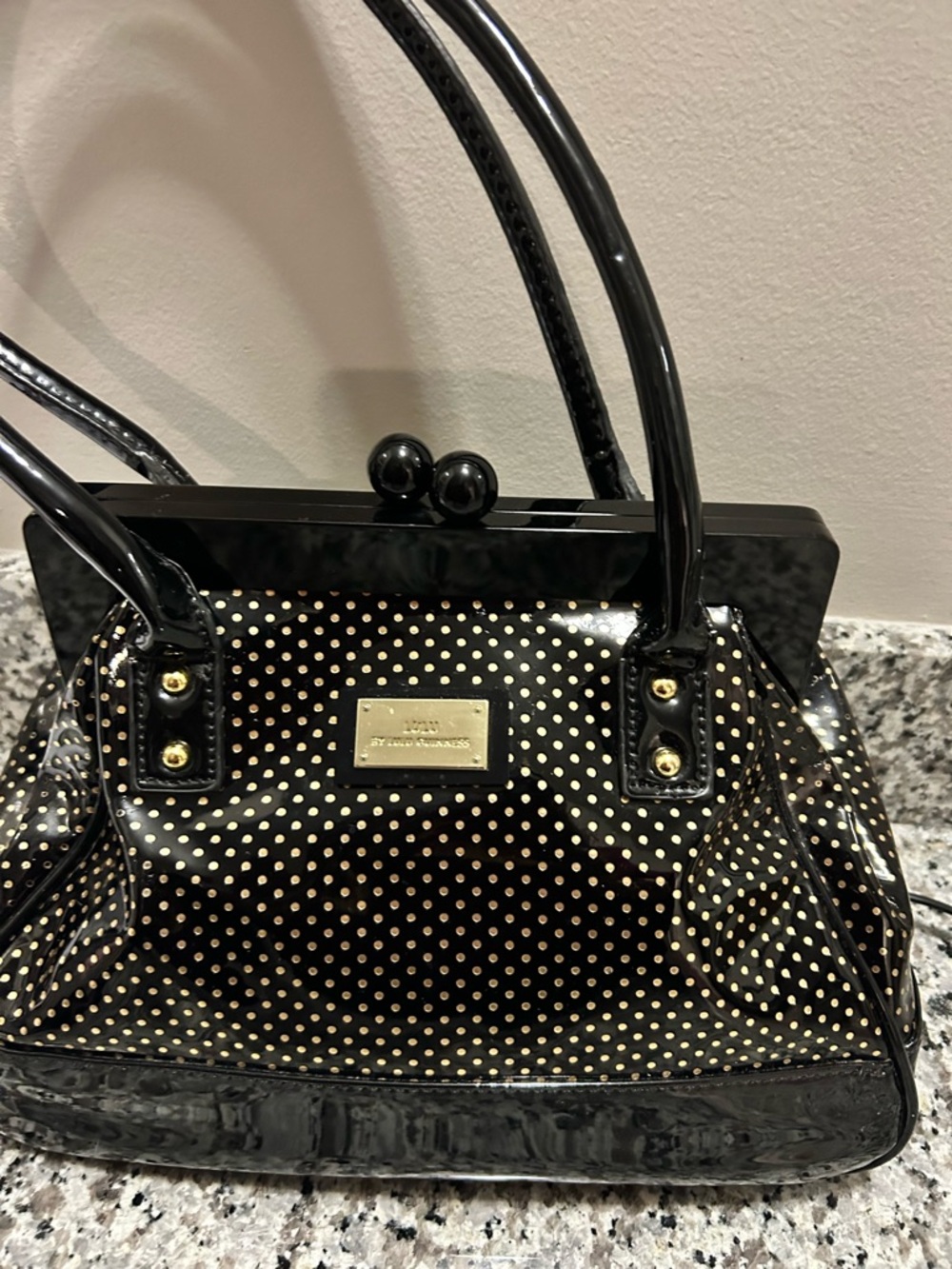 Lulu Guinness Black Patent Satchel with Gold Polka Dots
